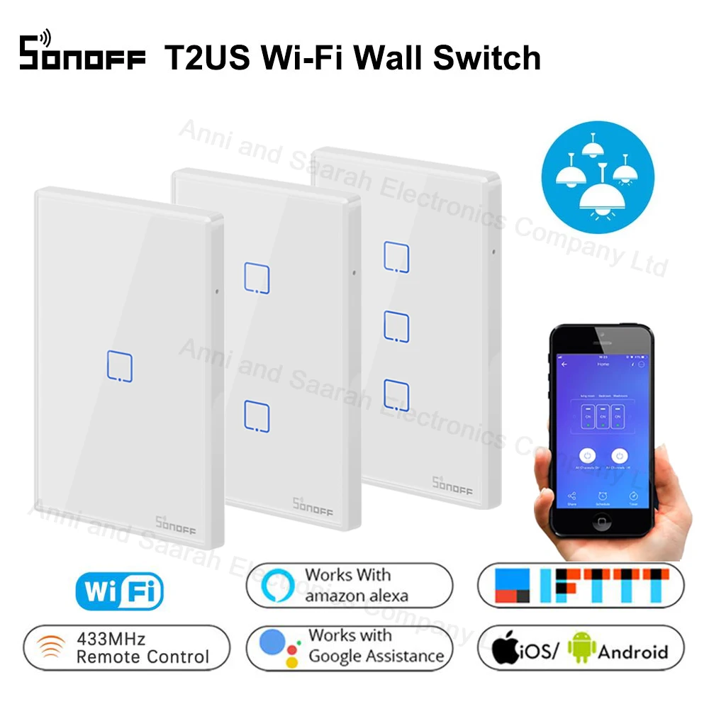 Sonoff T2 WiFi умный настенный сенсорный светильник переключатель US 1 2 3 банда RF беспроводной дистанционный светильник умный дом контроллер работа с Google Home