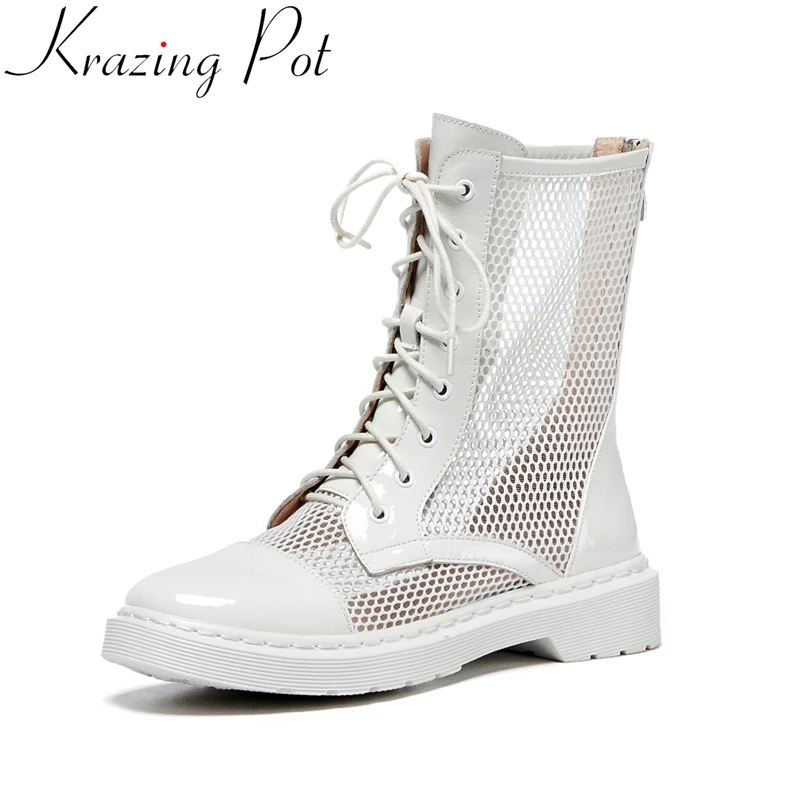 

Krazing Pot comfortable cow leather med heels zipper mesh breathable British style casual summer shoes brand ankle summer boots