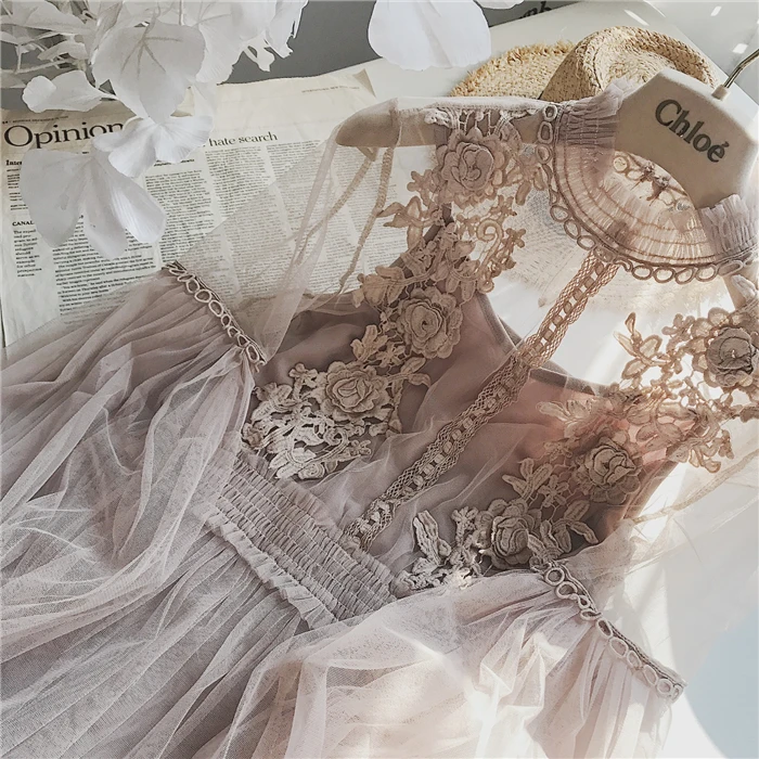 2019 New Women Fashion Dress Stand Collar Lantern Sleeve Mesh See-through Lace Embroidery Fairy Femme Vestidos Robe | Женская одежда