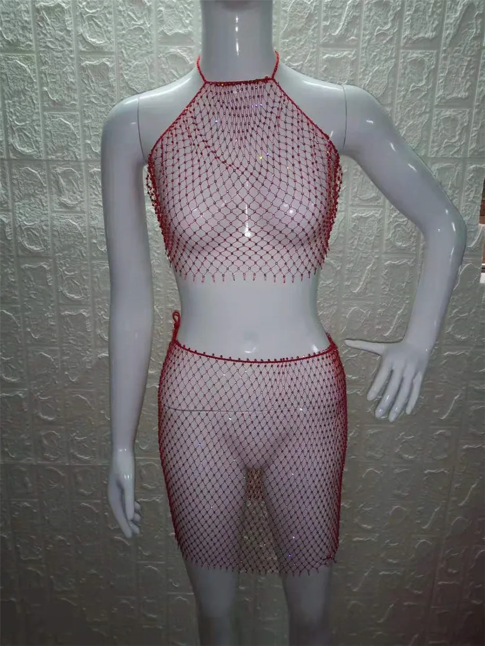 PARAKINI Sparkly Crystal Diamonds Bikini Beach Women Dress Beach Cover Up Dresses Fishnet Cropped Top Two Pieces Set Beach Dress