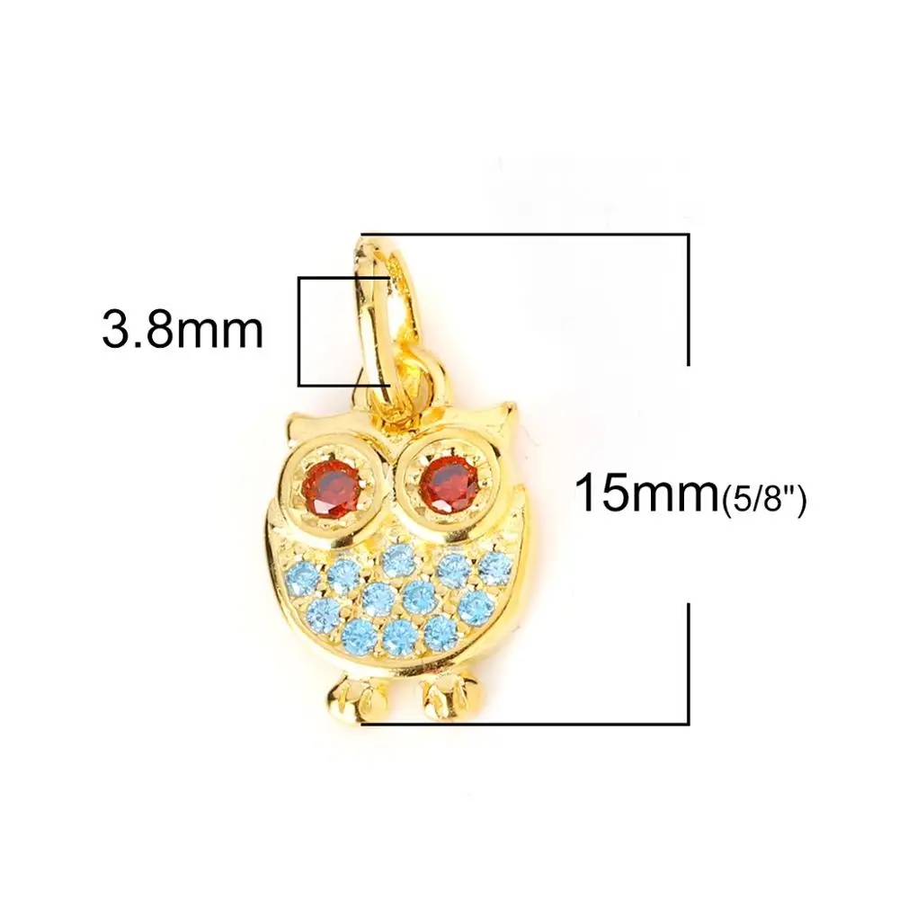 Owl Animal Red Blue Rhinestone 925 Sterling Silver Charms Golden Pendant Jewelry 15mm( 5/8&quot) x 8mm( 3/8&quot) 1 Piece | Украшения и