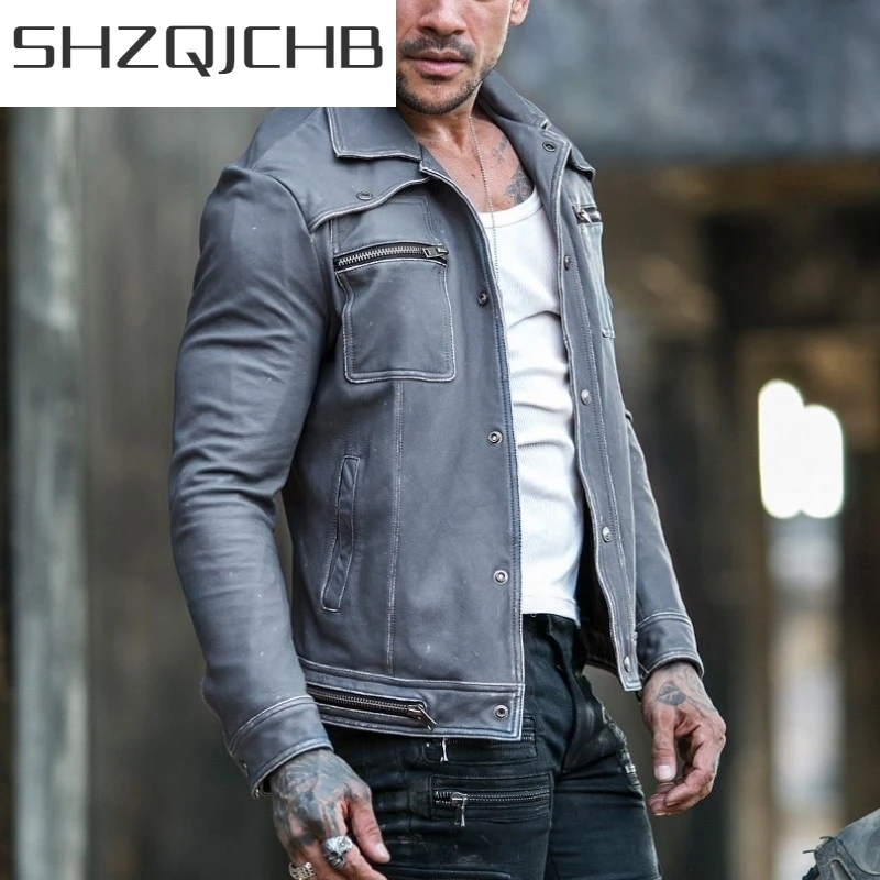 

JCHB 2021 Vintage Slim Genuine Leather Motorcycle Jacket Men Autumn Casual Zipper Cowhide Short Coat Gray Streetwear Work Jacket