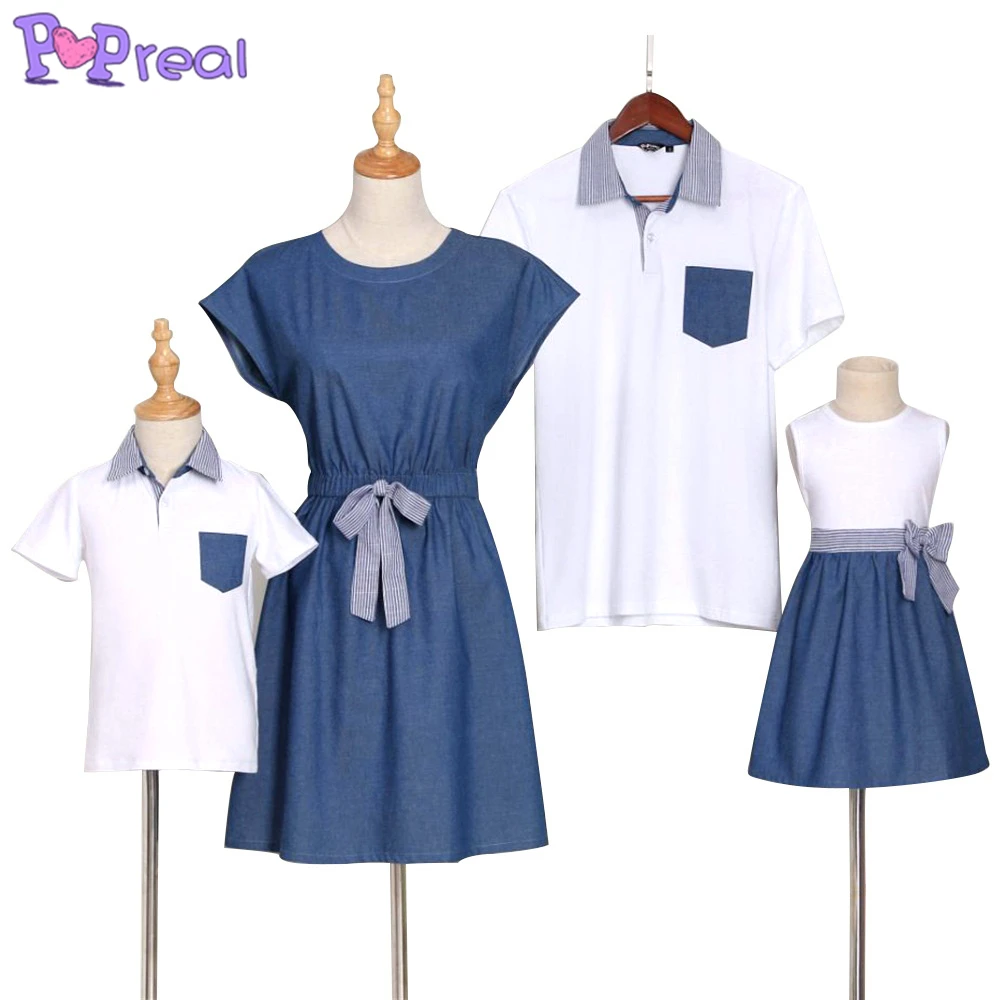 

PopReal Parent-Child Dress Mother And Daughter Dress Father And Son Suit Family Matching Clothes Shirt Stitching Pocket Stripe
