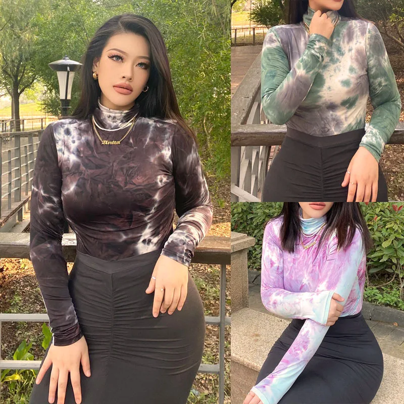 

2021 Women Tie Dye Bodysuits Long Sleeve Turtle Neck Winter Jumpsuit Streetwear Party Skinny Print Bodycon Rompers Women Fashion
