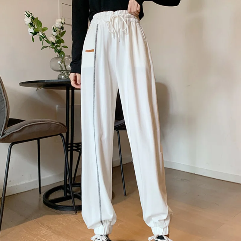 

Women Summer Casual Pants Female solid High Street Slimming Versatile High Waist Loose Straight Tie feet Sports Pants Trendy