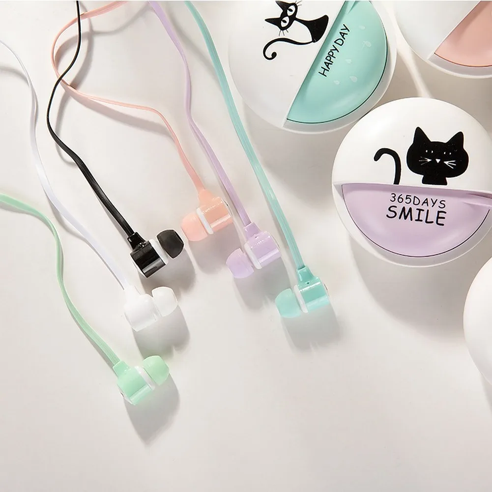 

New Style Cute Girls Cartoon Cats In-Ear Earphones Wired Headset With Earbuds Storage Case For Smartphone