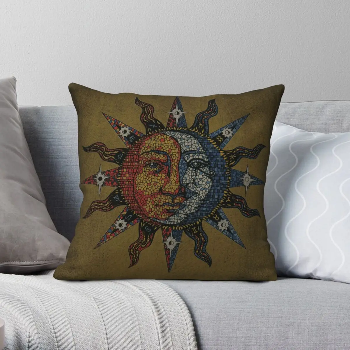 

Mosaic Sun Moon Square Pillowcase Polyester Linen Velvet Printed Zip Decor Sofa Seater Cushion Cover 45x45