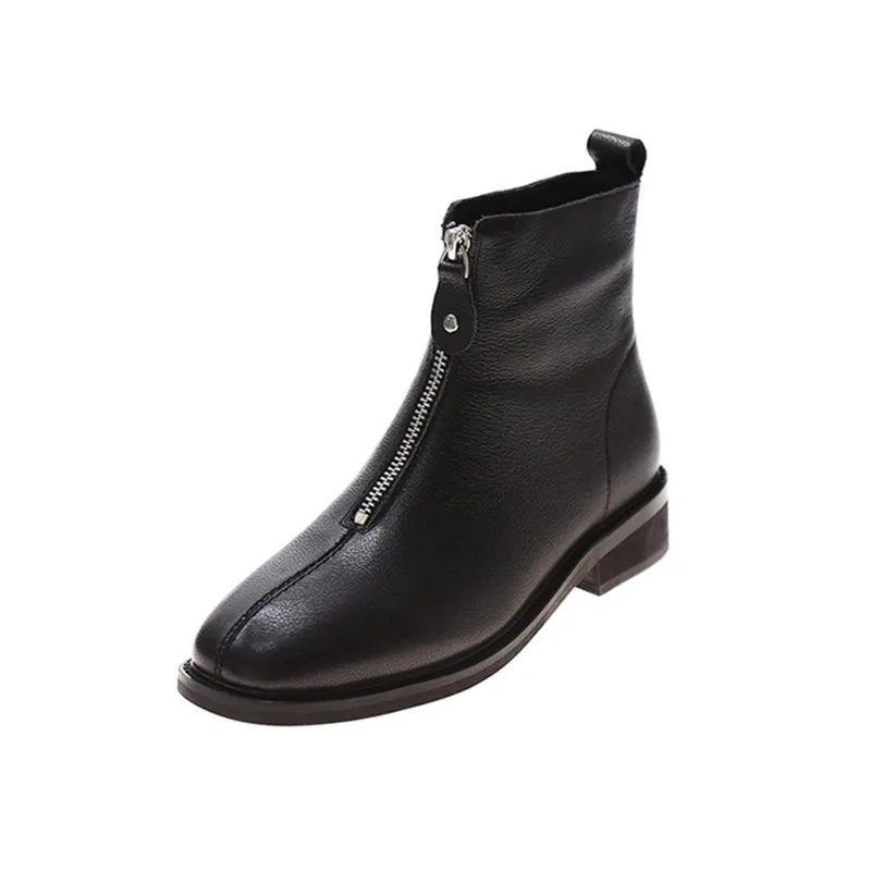 

Genuine Leather Women's Boots Black Front Zipper Martin Boot Plus Velvet Warm Female Shoe Winter all-match square toe Short boot