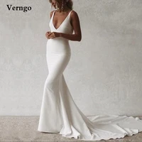 verngo simple mermaid stretch satin wedding dresses v neck spaghetti straps back buttons sweep train bridal gowns custom made