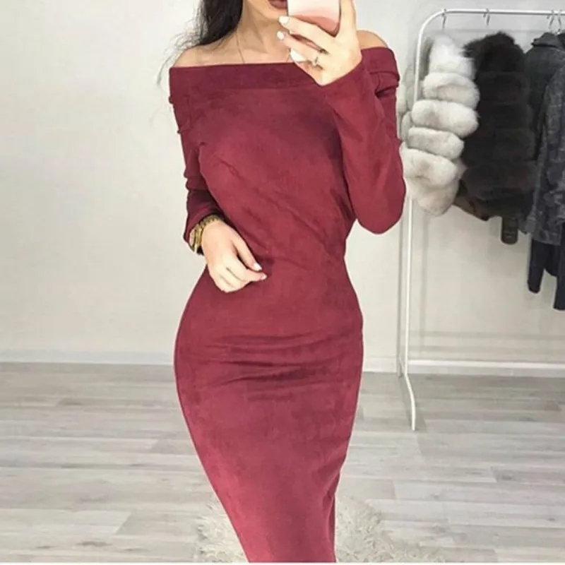 Wine Red Женское облегающее платье с длинным рукавом, сексуальное платье с вырезом лодочкой, осенне-зимнее женское платье миди, женские вечерние платья из замши размера плюс GV116 - Цвет: Wine Red
