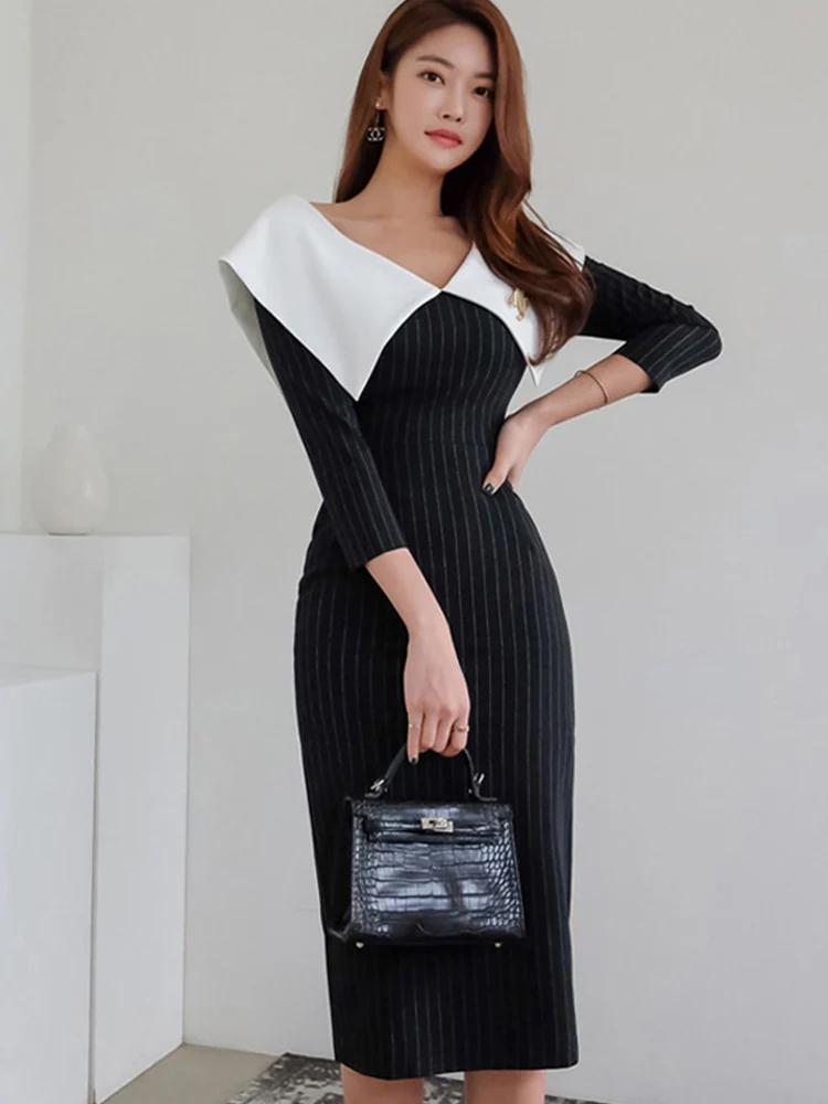 

Autumn 2020 new women's striped skirt V-neck open back split slim dress temperament light and mature