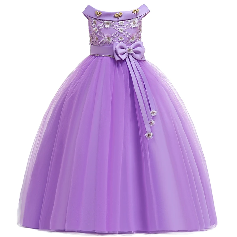 Light purple Зимнее белое длинное платье подружки невесты на одно плечо платье с бантом для девочек, детские платья для девочек, детское праздничное платье принцессы для свадьбы - Color: Light purple