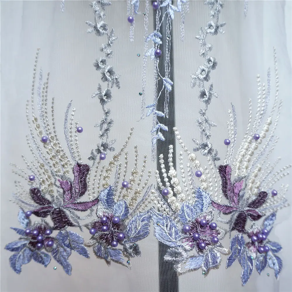 1 комплект фиолетовая кружевная ткань Цветочные бусины с кисточками вышитые