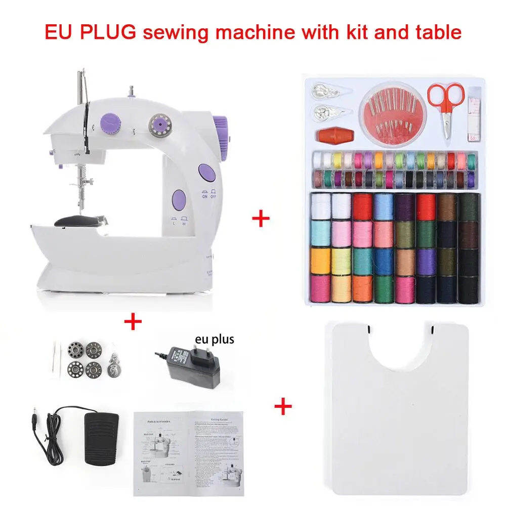 EU with Kit table Мини Портативные Ручные Швейные машины для шитья, рукоделия, беспроводные ткани для одежды, электрическая швейная машина, набор стежков 16 - Цвет: EU with Kit table