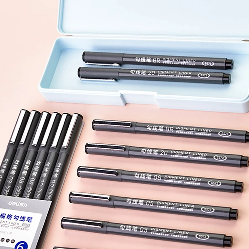 6 шт. Deli Fineliner Micron набор ручек 01 03 05 08 2 0 водостойкие черные чернила Эскиз маркер