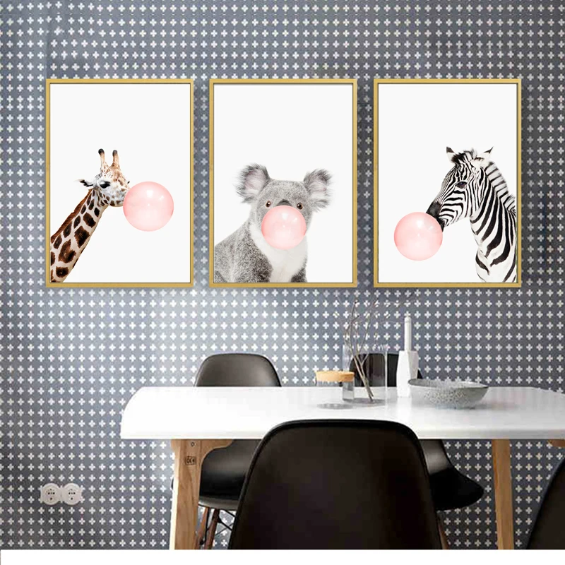 Pink Bubble Gum Giraffe Zebra Animals Canvas Painting Nursery Wall Art Print Nordic Poster Pictures For Kids Room Decorr | Дом и сад