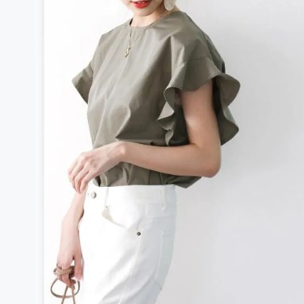 Женская блузка с оборками повседневная однотонная Свободная круглым вырезом в