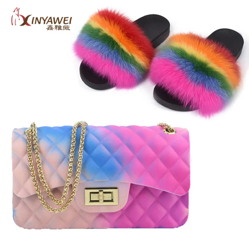 100% fox fur slippers women cute flip flop travel furry shoes jelly bag set fashion | Обувь