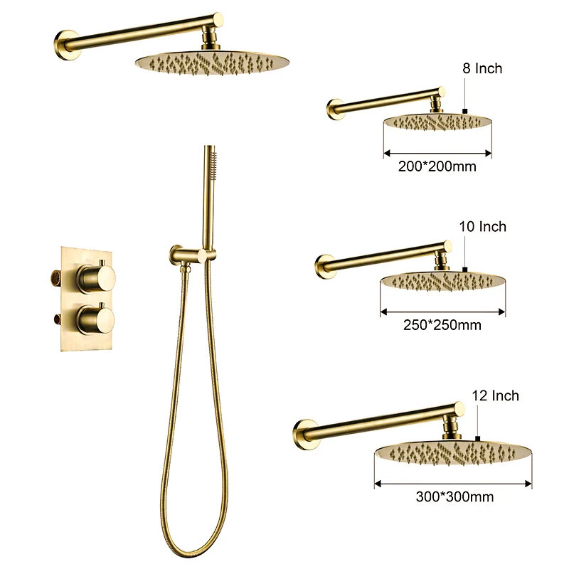 

Bathroom Faucet Brushed Gold Shower Set 2 Dial 2 Way Diverter Thermostatic Control Mixing Valve Rainshwoer Sets