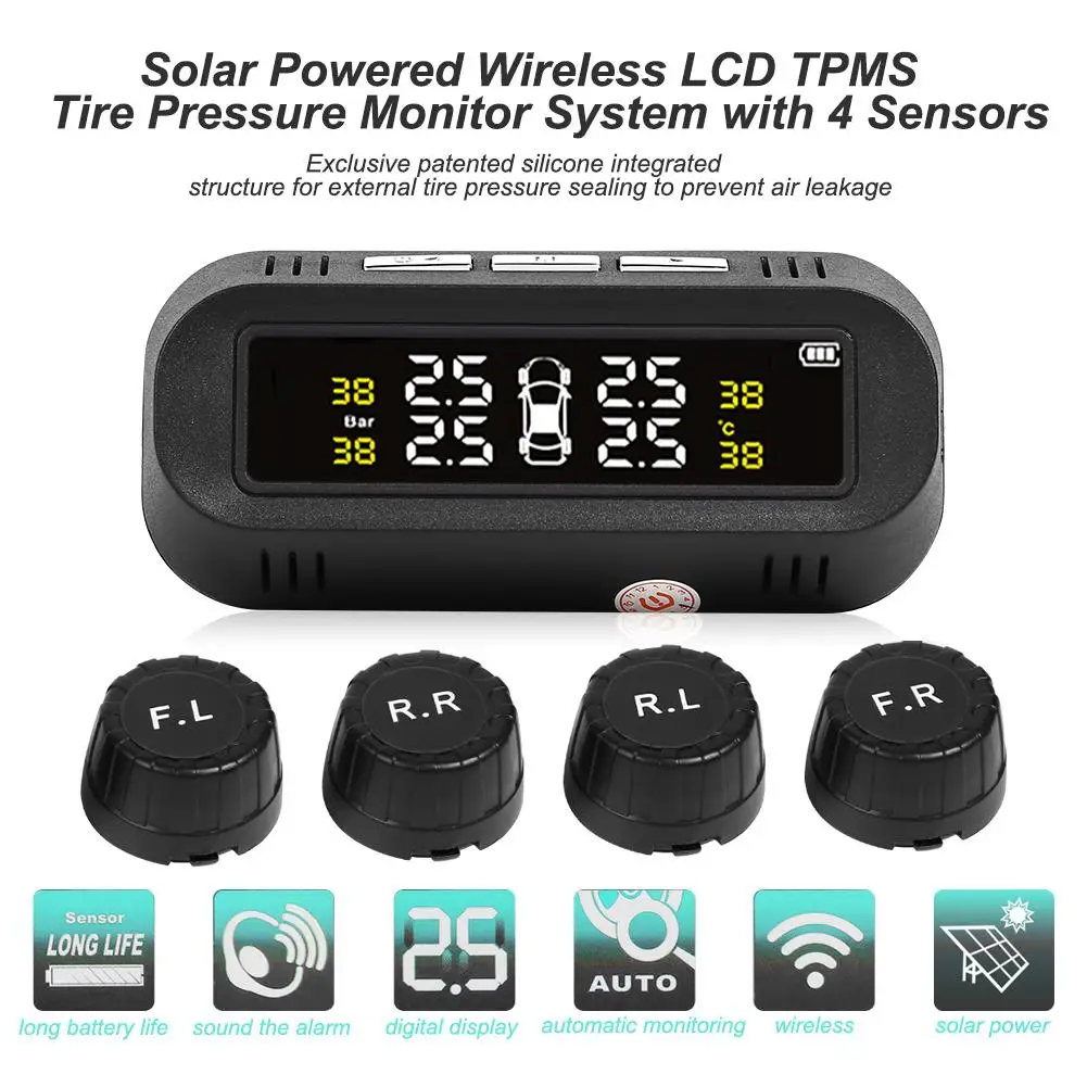 

C68 USB+Solar Car TPMS Tire Pressure Monitor System Auto Security Alarm Systems Tyre Pressure Warning with 4 External Sensors