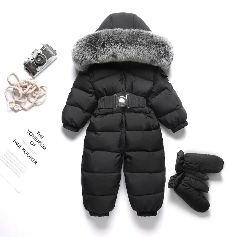 2022 Fur Hooded Baby Girls Romper Autumn Boy Jumpsuit Down Kids Onesie Fleece Children Snowsuit Toddler Clothes Outfit -5 Degree