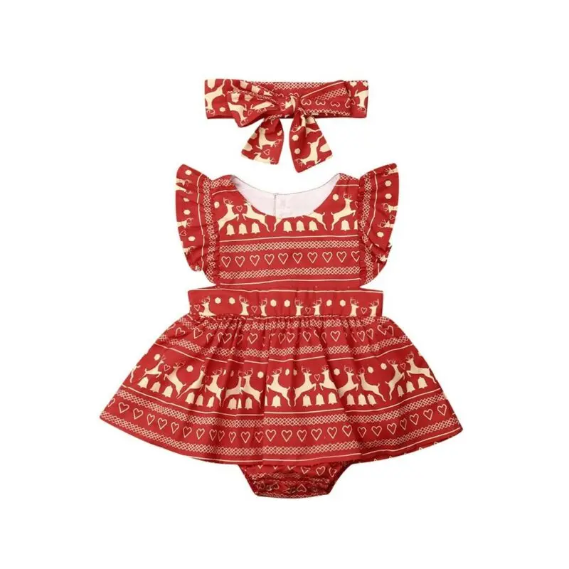 Комбинезон Санты для маленьких девочек с кружевными рукавами и оборками