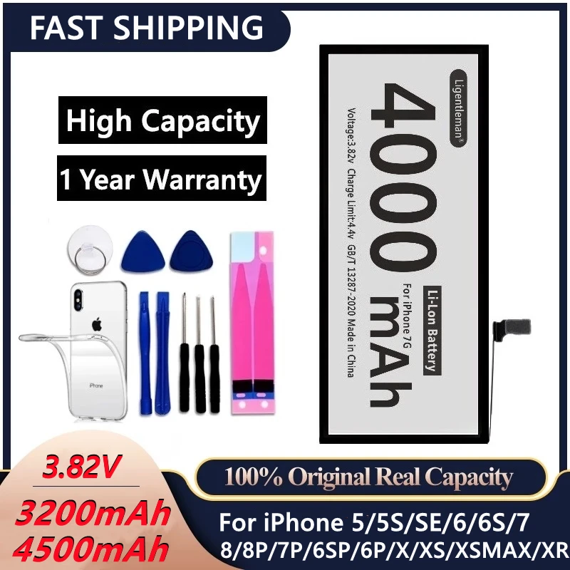 

Сменный аккумулятор для iPhone 5 5S, 5SE, 6S, X, литиевый аккумулятор реальной емкости для Apple IPhone 6, 7, 8 Plus, XR, XS MAX