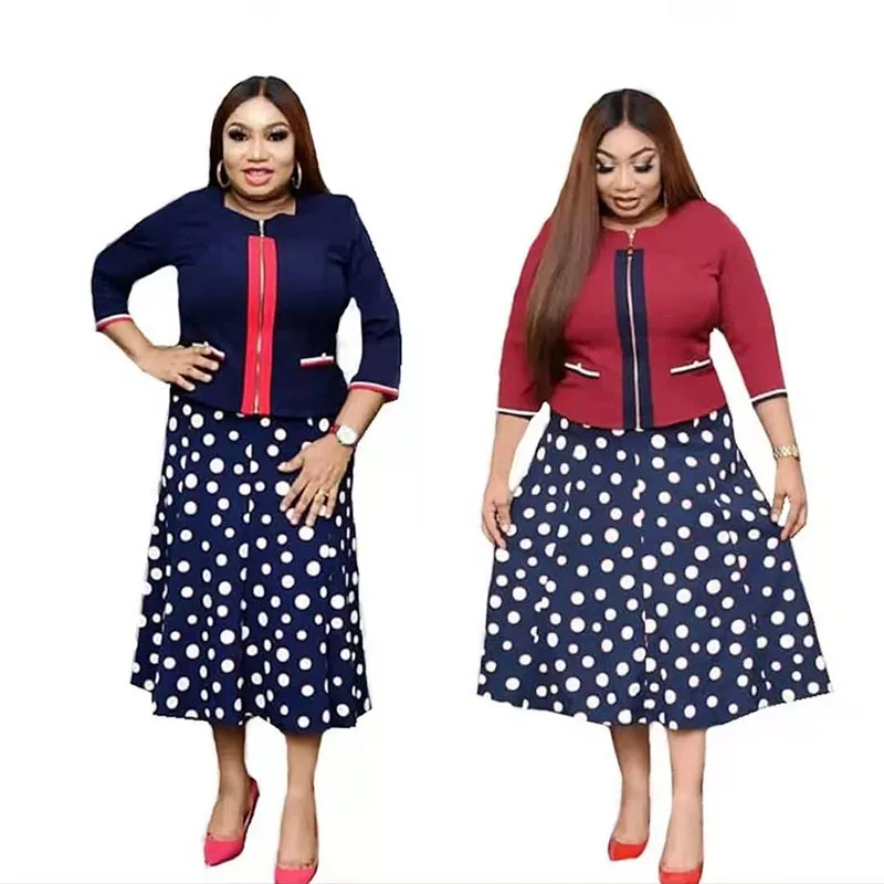 

2 Piece Set African Dresses For Women Jacket Tops And Dot Dress Suits 2021 New Autumn Elegant Office Lady Suit Africa Clothing