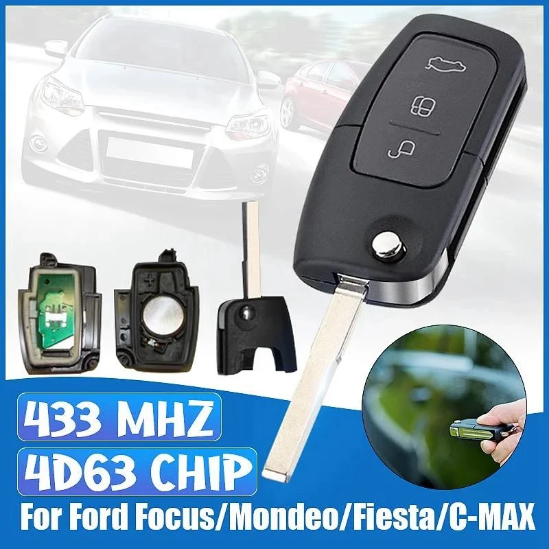 

3 Buttons Flip Folding Remote Control Key 433MHz 4D63 80Bit for Ford Focus Mondeo Fiesta Galaxy FOB Case HU101 Blade