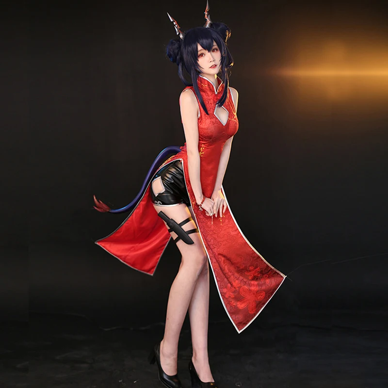 Игра! Женский новогодний костюм для косплея красный чонсам | Тематическая одежда