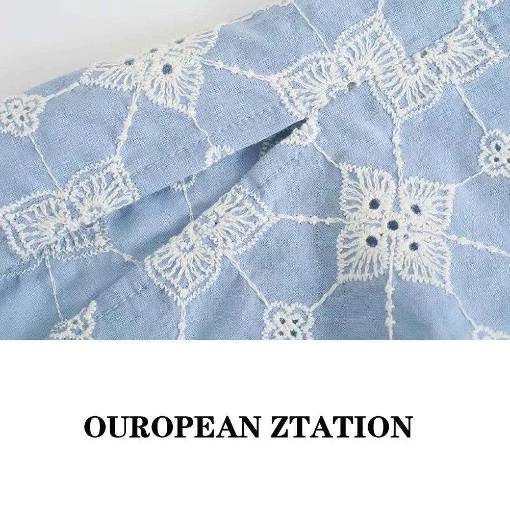 

Za Women 2021 Fashion Embroidery Asymmetry Loose Blouses Vintage Drop-Shoulder Sleeves Side Vents Female Shirts Chic Tops
