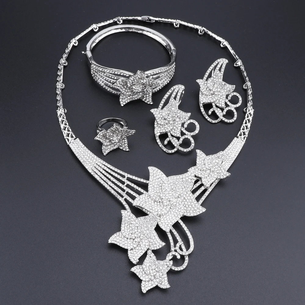 Fashion Star Rhinestones Crystal Necklace Bracelet Wedding Party Elegant Women Earrings Ring Classic Jewelry Sets | Украшения и