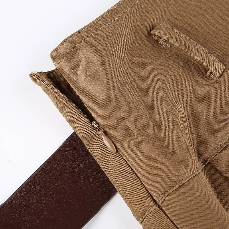 

Spring 2021 New Fashion Khaki Trim Waist Pleated Skirt with Belt