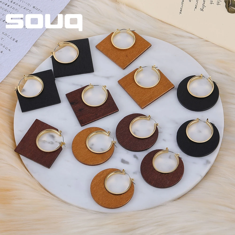 SOUQ этнические геометрические большие деревянные серьги для женщин Винтажные