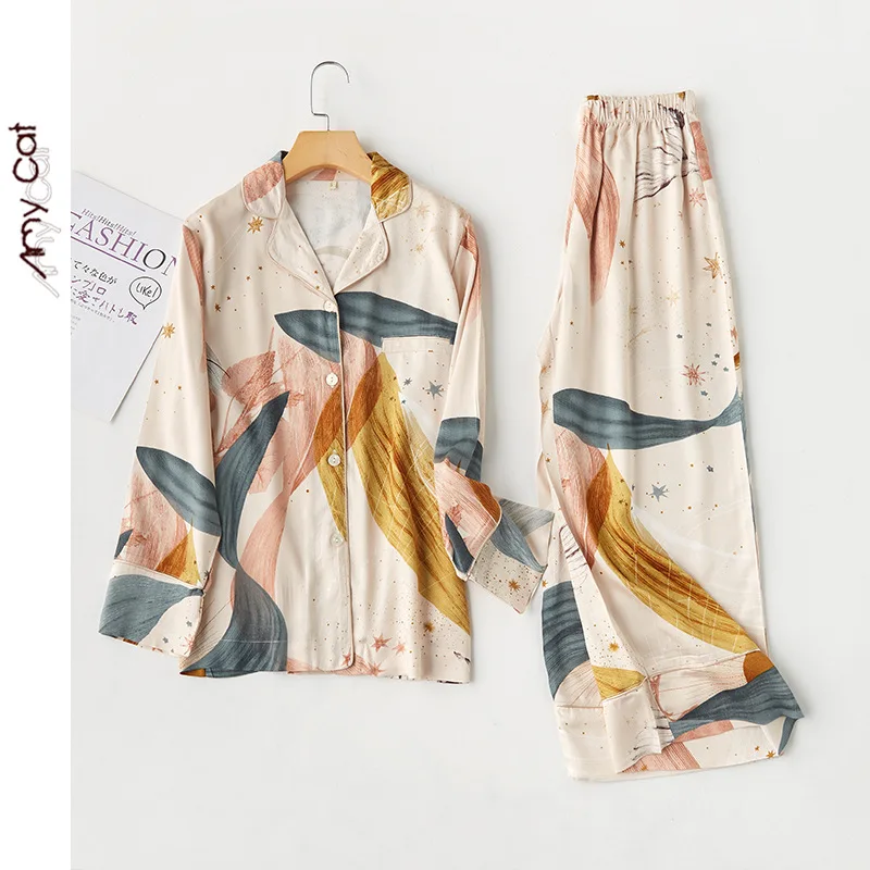 2020 Весна Новые атласная с принтом пижамный комплект из двух предметов длинными