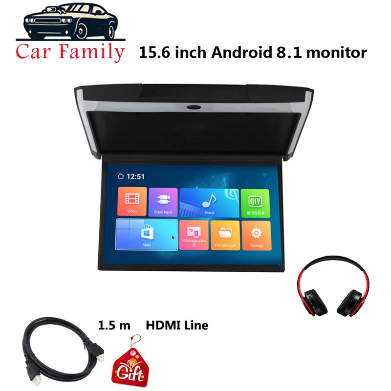 Автомобильный семейный 15,6 дюймовый Android 8,1 автомобильный монитор потолочное крепление на крышу HD 1080P видео ips экран wifi/HDMI/USB/SD/FM/Bluetooth/динамик