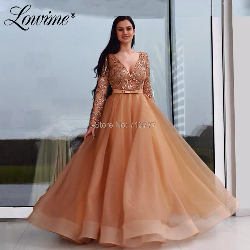 Официальные Вечерние платья с бусинами длинным рукавом и V образным вырезом для