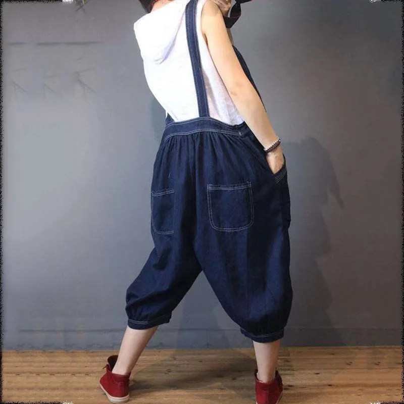 

IEQJ Loose Fit Women Navy Blue Big Size Denim Jumpsuit New High Waist Pocket Stitch Pants Fashion Spring Autumn 2021 3D01652