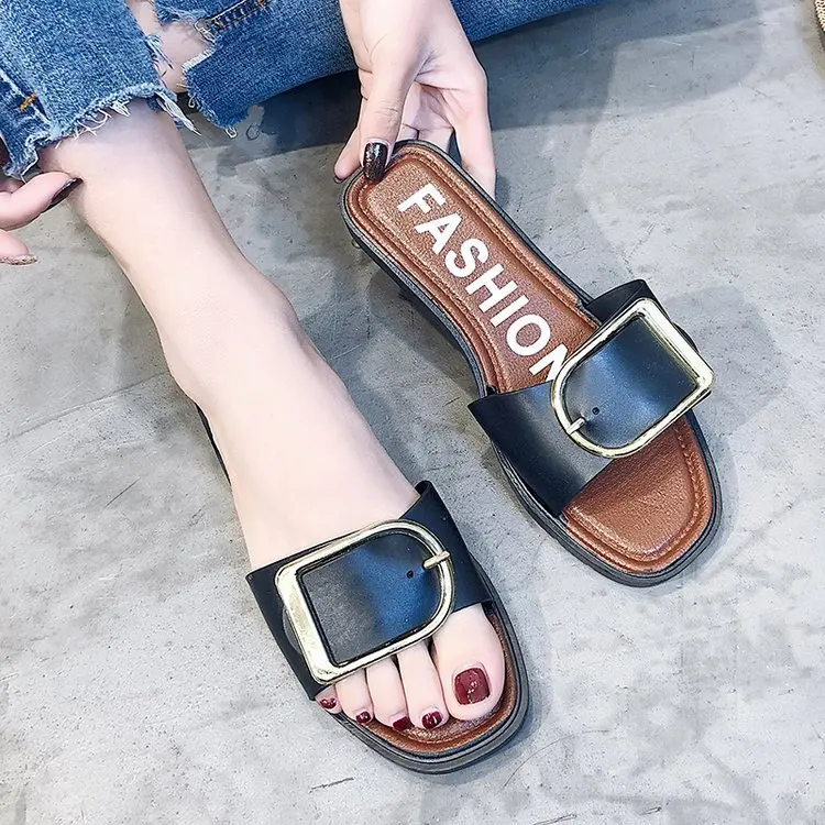 Women's Fashion  Slippers Flat Flat-heel Metal Buckle Slippers Beach Shoes Woman Slippers Shoes for Women Women Shoes