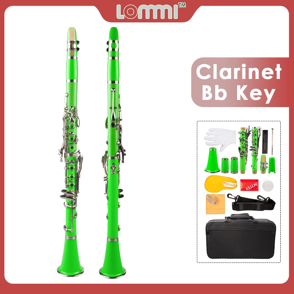 LOMMI ABS Clarinet Set Bb 17 Key B Flat w/ Cleaning Cloth Mini Screwdriver Bamboo Reeds Mini Screwdriver Strap Carrying Case