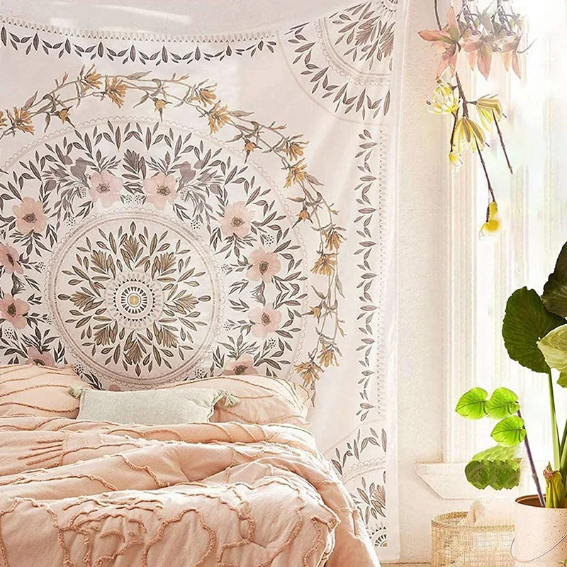 

Tapestry with Sketched Floral Pattern,Bohemian Mandala Wall Hanging Tapestries,Art Print Mural for Bedroom & Home Decor