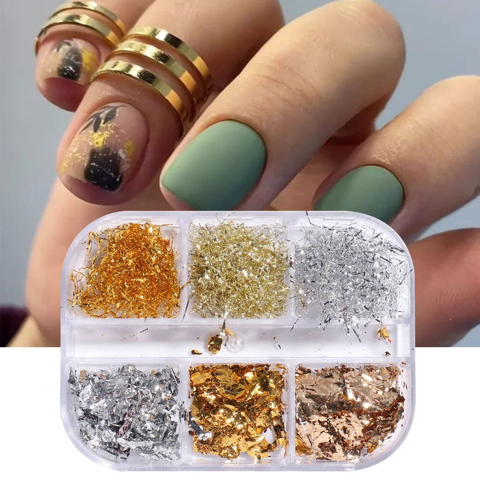 

6Grid platinum fragments Sequin for Nail Irregular Silver Gold Leaf Nail Art Glitter Flakes Laser Decoration Shiny Decals