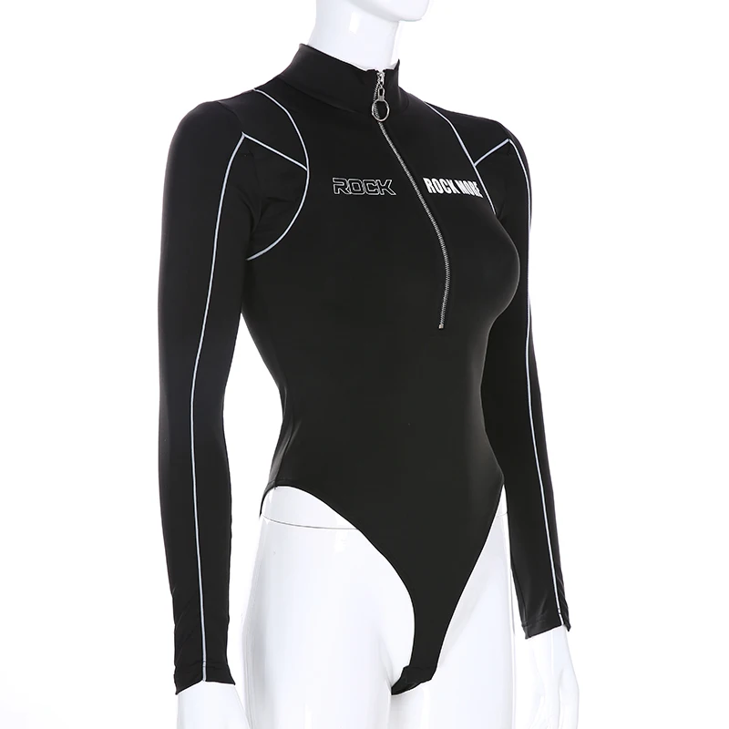 Weekeep светоотражающие с буквенным принтом боди с длинным рукавом Bodycon молния водолазка Комбинезоны женские боди