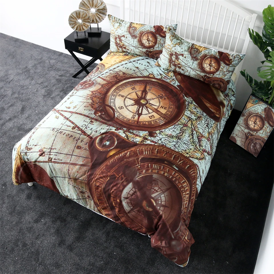 Retro Compass Bedding Sets Key Blueprint Navigation Map Duvet Cover with Pillowcases Kids Adults Home Bedroom Decor Bed Set | Дом и сад