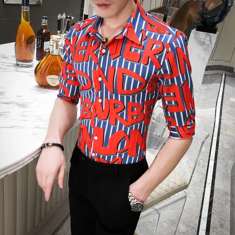 

Casual Social Streetwear Blusa Camisa Masculina 2020 Fashion Letter Striped Men Shirt Summer Slim Fit Short Sleeve Dress Shirts