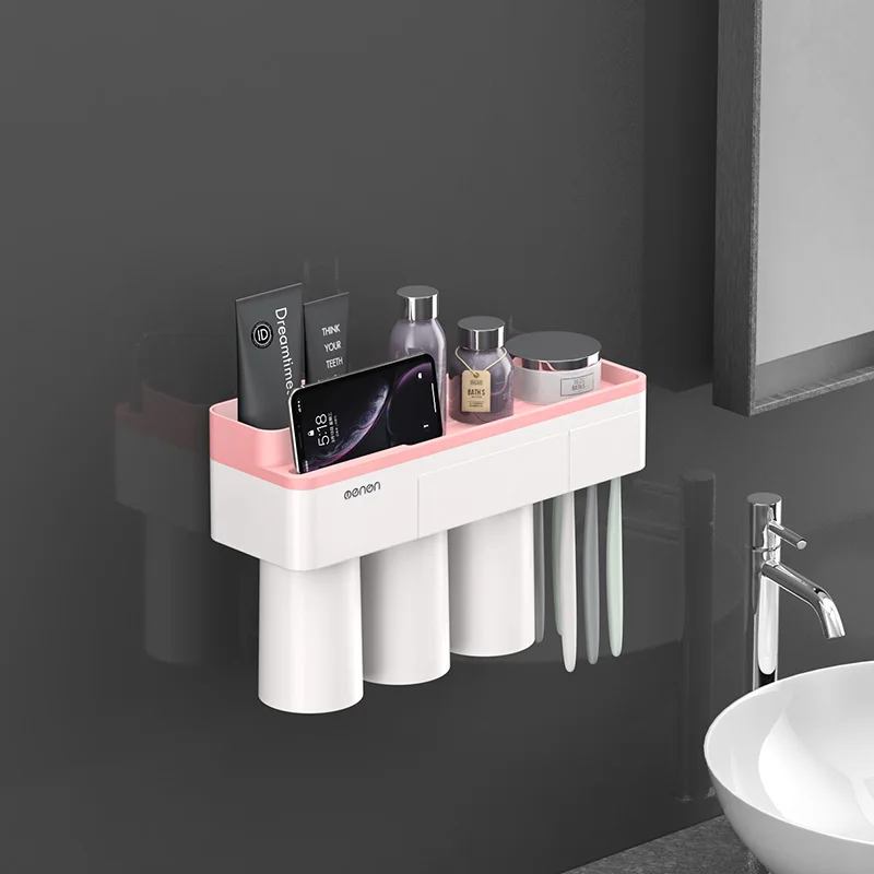 Pink 3 Cups ONEUP магнитный держатель для зубных щеток с адсорбцией, чехол с 4 чашками, домашняя стойка для хранения для ванной комнаты, настенные аксессуары для ванной комнаты - Цвет: Pink 3 Cups