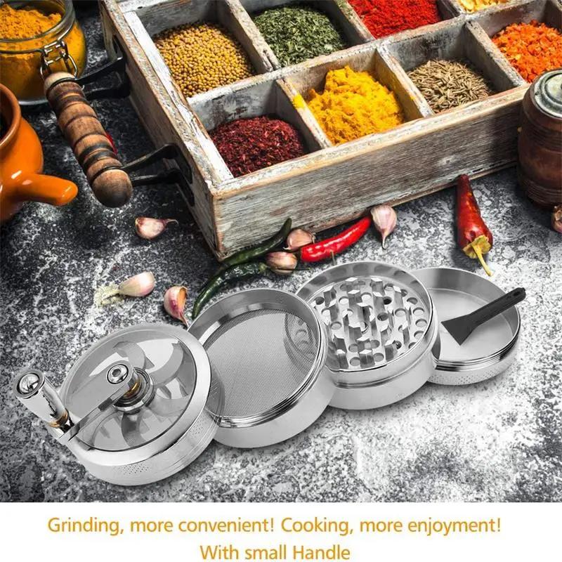 

4 Layers Tobacco Spice Grinder Herb Weed Grinder with Mill Handle Silver Kitchen Accessories Gadget Cooking Tools Hot Sale