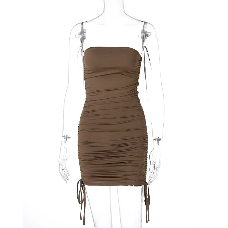 

Articat Strapless Ruched Mini Dress For Women 2021 New Fashion Sleeveless Bodycon Night Club Dresses Solid Drawstring Vestidos