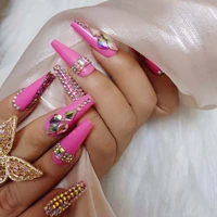 24pcs new design luxury jewelry long ballet coffin fake nails crystal diamond high end rose