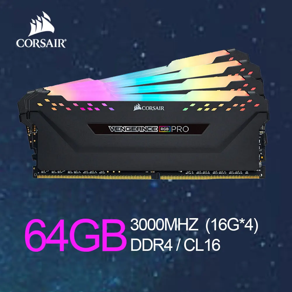 

Модуль памяти CORSAIR Vengeance RGB PRO RAM 64 Гб (16gbx4) DDR4 PC4 3000 МГц 3200 МГц 3600Mzh DIMM